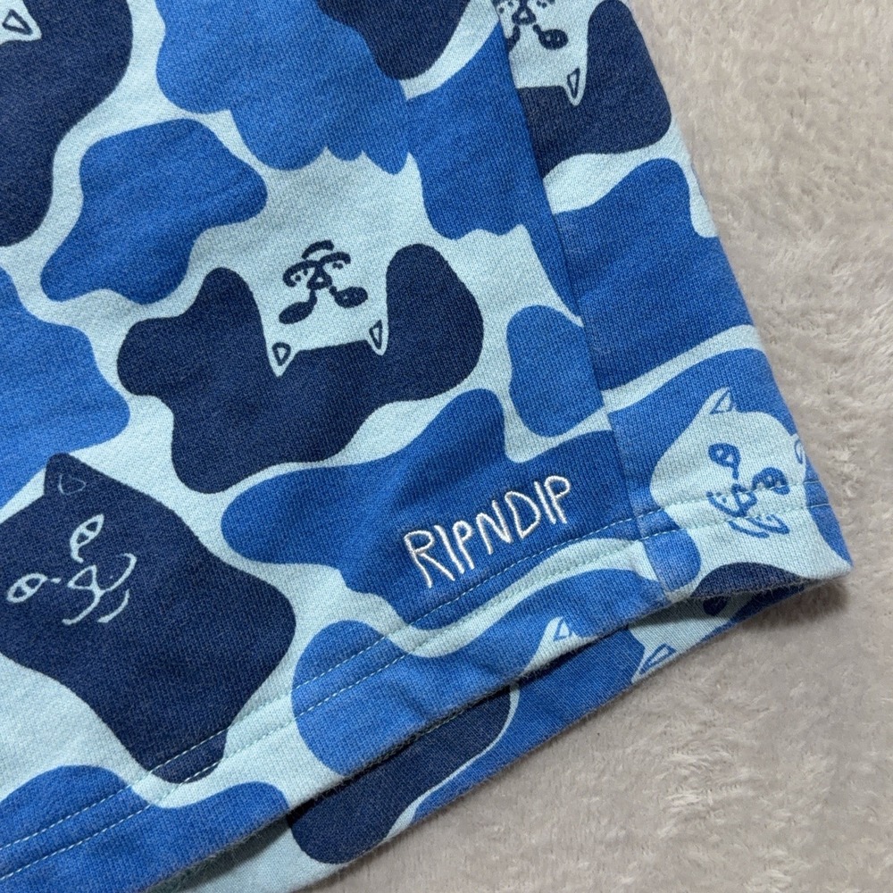 RIPNDIP Lord Nermal Blue Camo Sweat Shorts Mens L Cat Camouflage Fleece Board - Picture 2 of 12